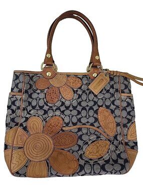 Rare Coach Bleeker Denim Vachetta Leather Floral Applique Tote #L0773-11783